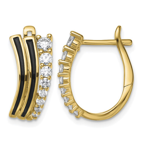 Sterling Silver Gold-Tone Black Enamel and Cubic Zirconia Hinged Hoop Earrings, 17.9 mm