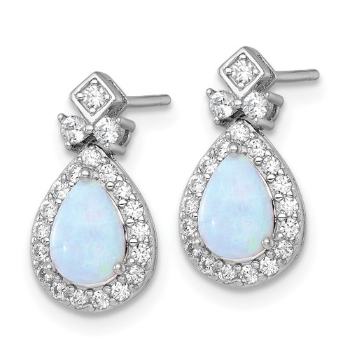 Sterling Silver Rhodium-Plated Polished Lab-Created Opal and Cubic Zirconia Teardrop Halo Dangle Stud Earrings, 15.9 mm - View 2