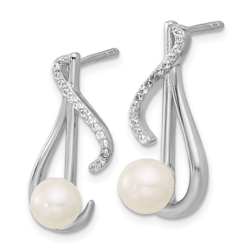 Sterling Silver Rhodium-Plated Polished Cubic Zirconia and 5-6 mm Cultured Freshwater Pearl Swirl Post Drop Earrings, 21.5 mm Long - View 2