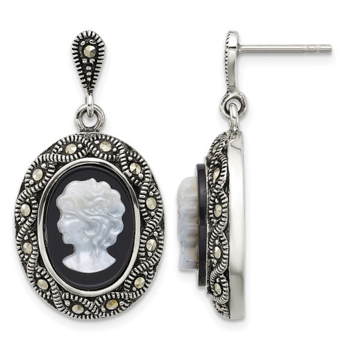 Sterling Silver Antiqued Marcasite with Black Agate and Mother of Pearl Cameo Dangle Earrings, 33.5 mm