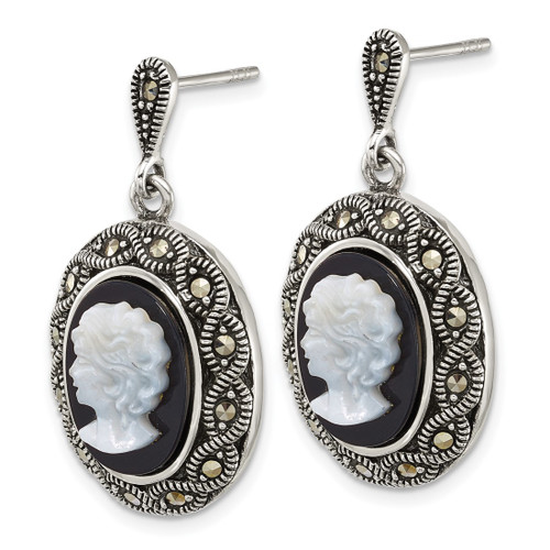 Sterling Silver Antiqued Marcasite with Black Agate and Mother of Pearl Cameo Dangle Earrings, 33.5 mm - View 2