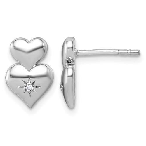 Sterling Silver Rhodium-Plated Polished White Cubic Zirconia Double Heart Stud Earrings, 12 mm