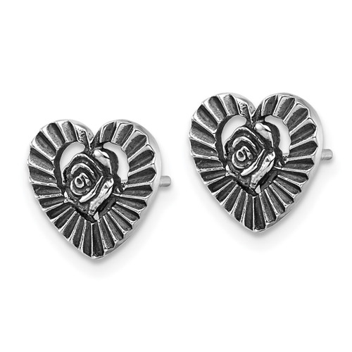 Sterling Silver Antiqued Polished Open Heart With Flower Stud Earrings, 10 mm - View 2