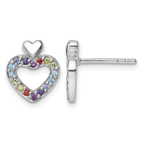 Sterling Silver Rhodium-Plated Polished Rainbow Cubic Zirconia Double Heart Stud Earrings, 11.6 mm