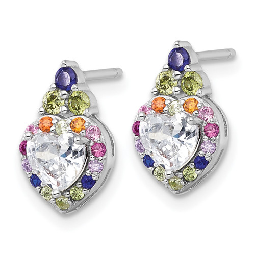Sterling Silver Rhodium-Plated Polished Multi-Color Rainbow Cubic Zirconia Heart Halo Stud Earrings, 12.8 mm - View 2