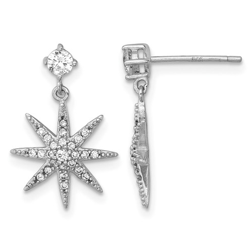Sterling Silver Rhodium-Plated Polished Cubic Zirconia Star Post Dangle Earrings, 20.2 mm