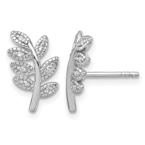 Sterling Silver Rhodium-Plated Polished Cubic Zirconia Leaf Stud Earrings, 16.1 mm