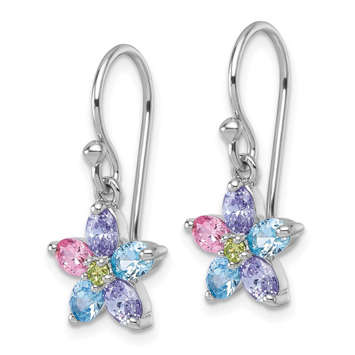 Sterling Silver Rhodium-Plated Polished Purple, Pink, Blue and Green Cubic Zirconia Flower Dangle Shepherd Hook Drop French Wire Earrings - View 2