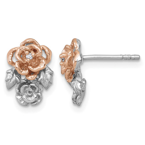 Sterling Silver Rhodium-Plated and Rose Gold-Plated Cubic Zirconia Flowers Stud Earrings, 12.5 mm