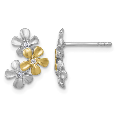 Sterling Silver Rhodium-Plated and Gold-Plated with Cubic Zirconia Three Flowers Stud Earrings, 13.5 mm
