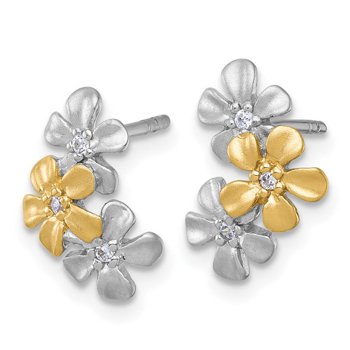 Sterling Silver Rhodium-Plated and Gold-Plated with Cubic Zirconia Three Flowers Stud Earrings, 13.5 mm - View 2