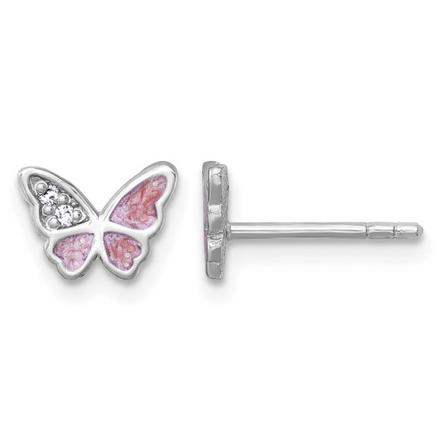Sterling Silver Rhodium-Plated Polished Cubic Zirconia and Pink Enamel Butterfly Stud Earrings, 6.6 mm