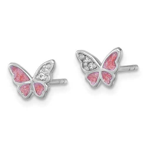 Sterling Silver Rhodium-Plated Polished Cubic Zirconia and Pink Enamel Butterfly Stud Earrings, 6.6 mm - View 2