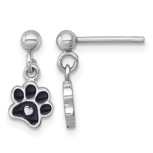 Sterling Silver Rhodium-Plated Polished Black Enamel Paw Print with Heart Dangle Earrings, 14.5 mm