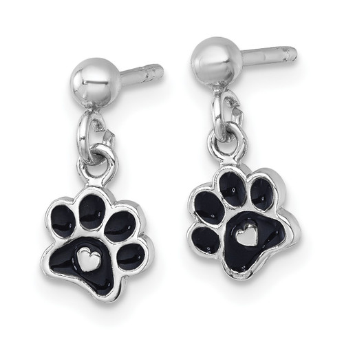 Sterling Silver Rhodium-Plated Polished Black Enamel Paw Print with Heart Dangle Earrings, 14.5 mm - View 2