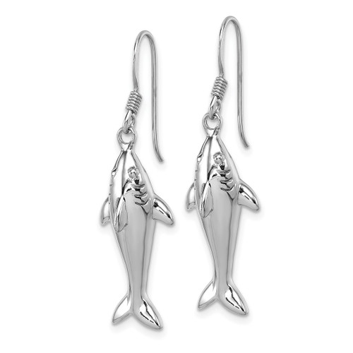 Sterling Silver Rhodium-Plated Polished Shark Dangle Shepherd Hook Drop French Wire Earrings, 26.1 mm - View 2
