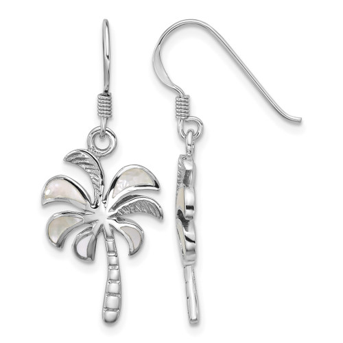 Sterling Silver Rhodium-Plated Polished Mother of Pearl Palm Tree Dangle Shepherd Hook Drop French Wire Earrings, 22.9 mm