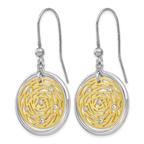 Rhodium-Plated Sterling Silver Gold-Tone Scratch-Finish Cubic Zirconia Dangle French Wire Earrings, 41 mm - View 2
