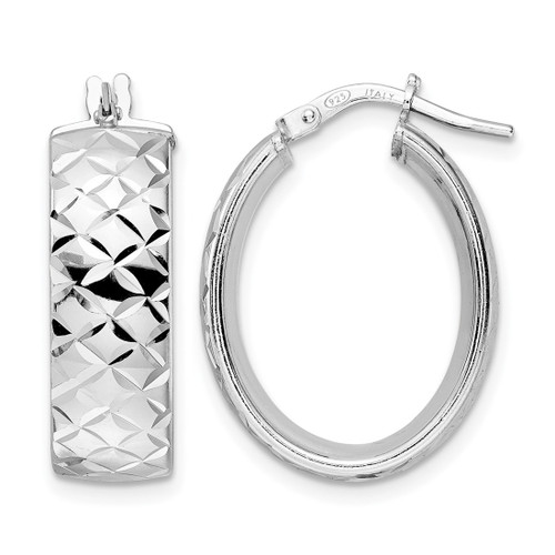 Sterling Silver Rhodium-Plated Polished Diamond-Cut Oval Hoop Earrings, 24.5 mm