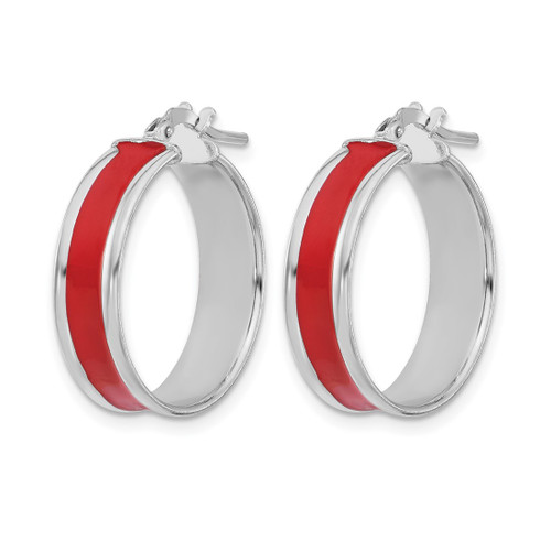 Sterling Silver Rhodium-Plated Polished Red Enamel Round Hoop Earrings, 20.75 mm - View 2