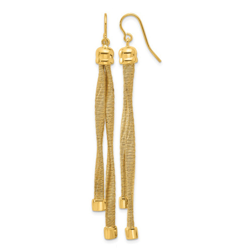 Sterling Silver Gold-Plat Twist Texture Wrapped 2-Strand Drop French Wire Earrings, 69 mm