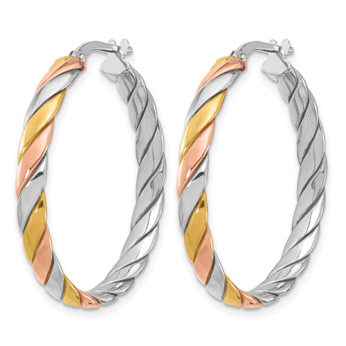 Sterling Silver Rhodium-Plated with Gold and Rose-Tone Polished Hoop Earrings, 32 mm - View 2