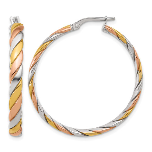 Sterling Silver Rhodium-Plated with Gold and Rose-Tone Polished Hoop Earrings, 37 mm