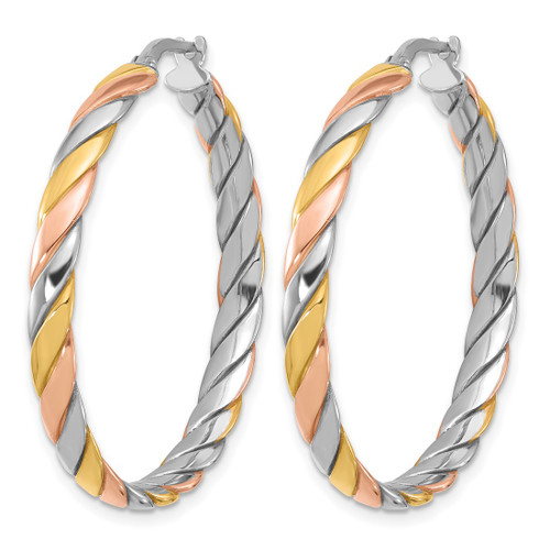 Sterling Silver Rhodium-Plated with Gold and Rose-Tone Polished Hoop Earrings, 37 mm - View 2