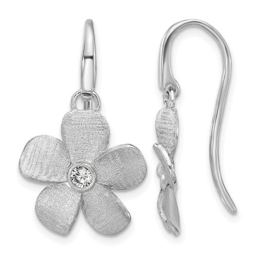 Sterling Silver Rhodium-Plated Radiant Essence Polished/Scratch Cubic Zirconia Flower Drop French Wire Earrings, 27 mm