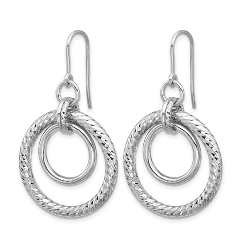 Sterling Silver Rhodium-Plated Polish/Diamond-Cut Circles Dangle French Wire Earrings, 46 mm - View 2