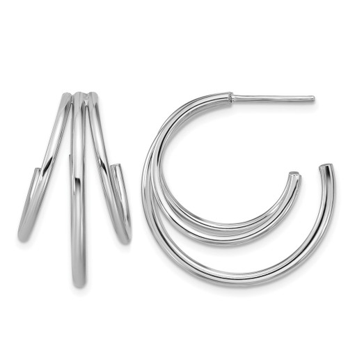 Sterling Silver Rhodium-Plated Polished 3-Row J-Hoop Post Earrings, 26.95 mm