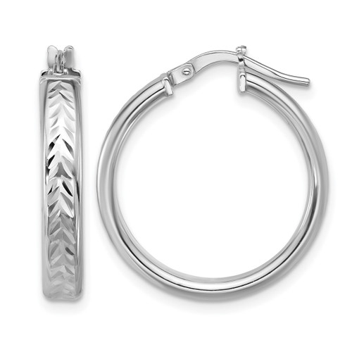 Sterling Silver Rhodium-Plated Polish/Diamond-Cut Round Hoop Earrings, 25.5 mm