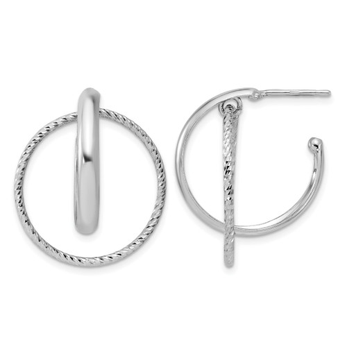 Sterling Silver Rhodium-Plated Polished / Diamond-Cut Fancy Circles Post J-Hoop Earrings, 27.55 mm