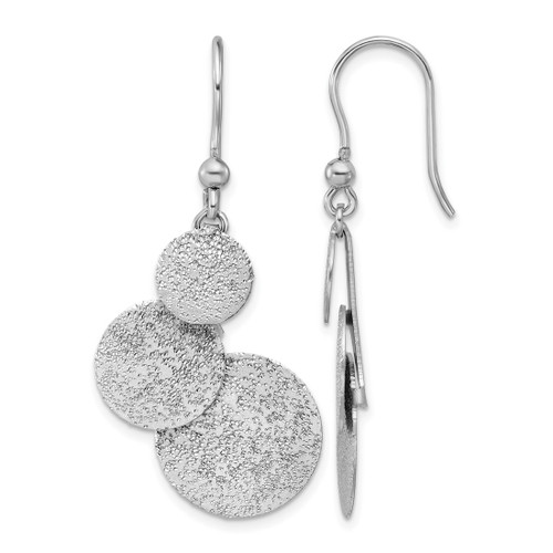 Sterling Silver Rhodium-Plated Radiant Essence Textured Circles Dangle French Wire Earrings, 29.55 mm