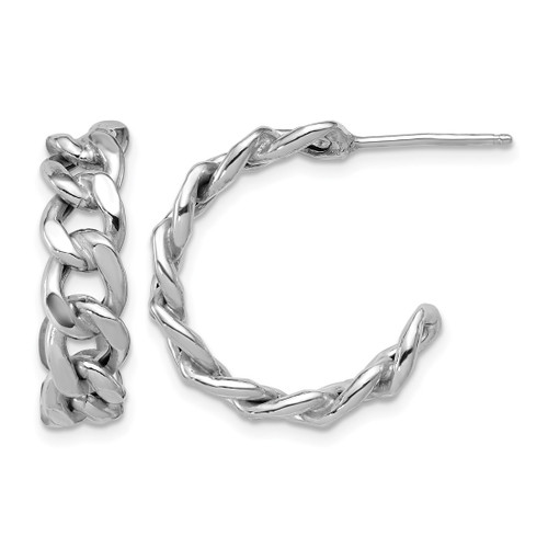 Sterling Silver Rhodium-Plated-Pltd Polished 24 x 6.5 mm Curb Link Post C-Hoop Earrings, 24 mm Long