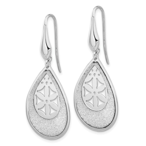 Sterling Silver Polished Lasercut Flower Teardrop Dangle French Wire Earrings, 49.5 mm - View 2