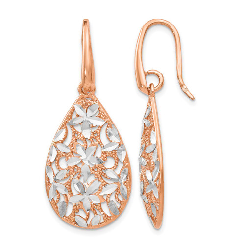 Sterling Silver Rose Gold-Toned Polished Textured Drop French Wire Earrings, 41 mm