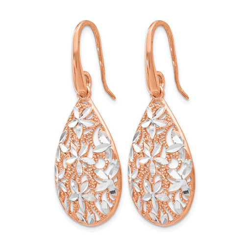 Sterling Silver Rose Gold-Toned Polished Textured Drop French Wire Earrings, 41 mm - View 2