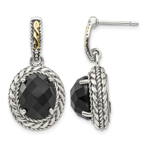 Shey Couture Sterling Silver with 14K Accent Antiqued Checkerboard-Cut Black Onyx Post Dangle Earrings, 28 mm