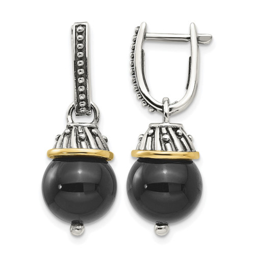 Shey Couture Sterling Silver with 14K Accent Antiqued Black Onyx Hinged Hoop Dangle Earrings, 29 mm