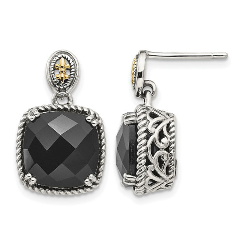 Shey Couture Sterling Silver with 14K Accent Antiqued Checkerboard-Cut Black Onyx Dangle Earrings, 21 mm
