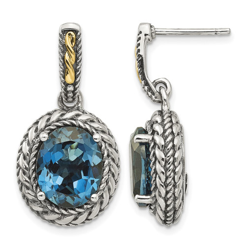 Shey Couture Sterling Silver with 14K Accent Antiqued Oval London Blue Topaz Post Dangle Earrings, 30 mm