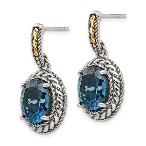 Shey Couture Sterling Silver with 14K Accent Antiqued Oval London Blue Topaz Post Dangle Earrings, 30 mm - View 2