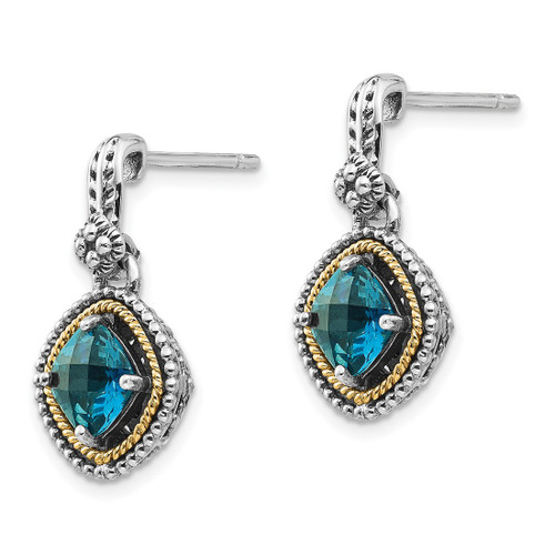Shey Couture Sterling Silver with 14K Accent Antiqued Cushion London Blue Topaz Post Dangle Earrings, 23 mm - View 2