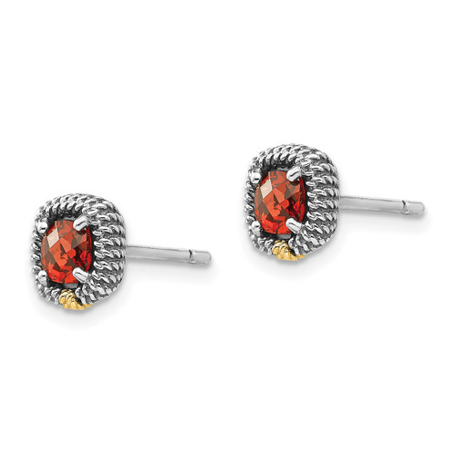 Shey Couture Sterling Silver with 14K Accent Antiqued Square Cushion Garnet Stud Earrings, 8 mm - View 2
