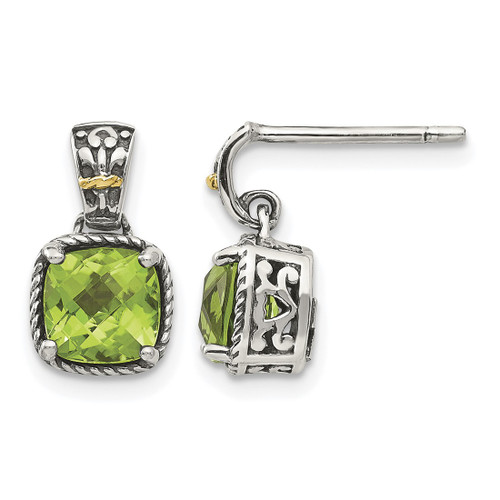 Shey Couture Sterling Silver with 14K Accent Antiqued Cushion Peridot Dangle Earrings, 14 mm