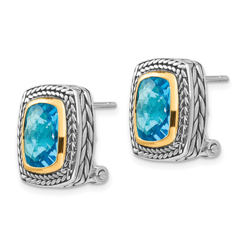 Shey Couture Sterling Silver with 14K Accent Antiqued Cushion Bezel Swiss Blue Topaz Omega Back Stud Earrings, 17 mm - View 2