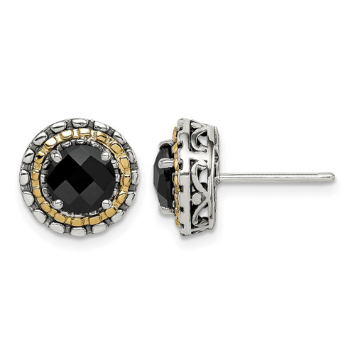 Shey Couture Sterling Silver with 14K Accent Antiqued Polished Checkerboard-Cut Black Onyx Stud Earrings, 11 mm