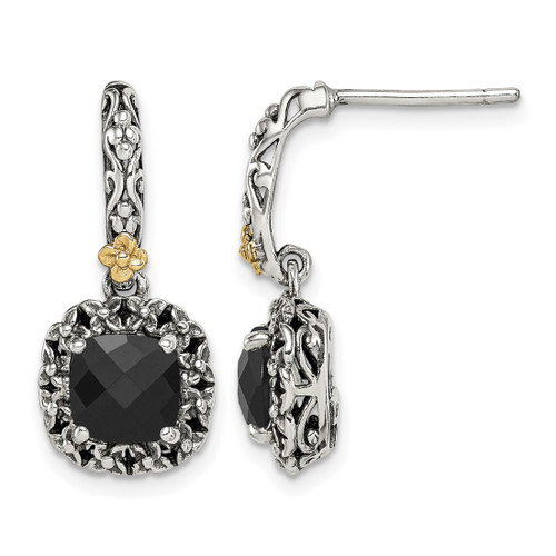 Shey Couture Sterling Silver with 14K Accent Antiqued Checkerboard-Cut Black Onyx Post Dangle Earrings, 23 mm