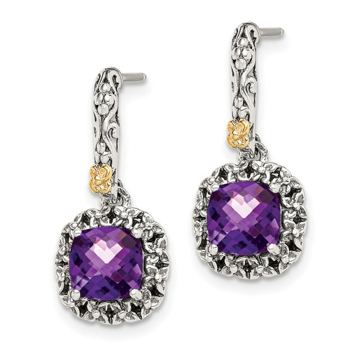 Shey Couture Sterling Silver with 14K Accent Antiqued Cushion Amethyst Post Dangle Earrings, 23 mm - View 2